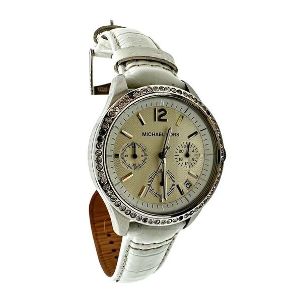 Michael Kors Women\'s Wristwatch Embossed Genuine Leather Stainless Steel White